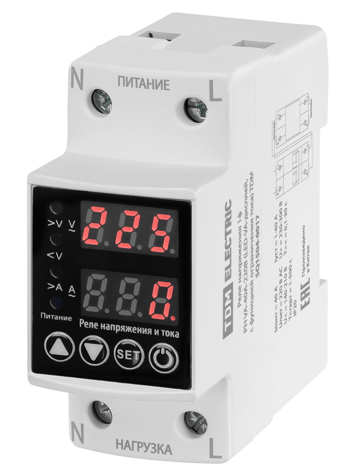 Реле напряжения 1ф РН VA-40А-220В (LED-VA-дисплей, с функцией ограничения тока) TDM SQ1504-0017