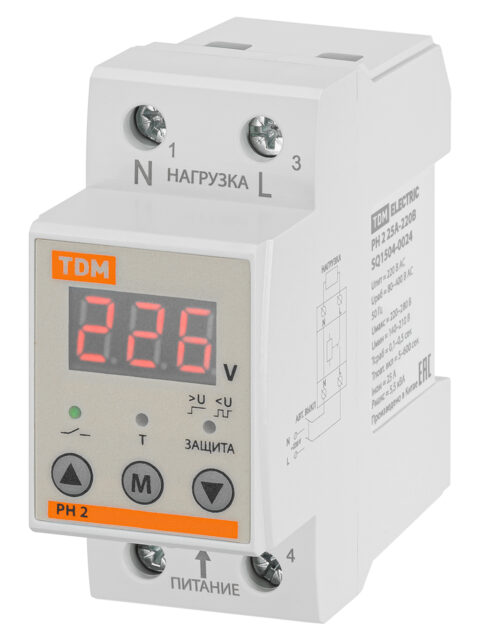 Реле напряжения 1ф РН 2 25А-220В (LED-дисплей) TDM SQ1504-0024