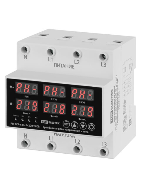 Реле напряжения 3ф РН 3VA-63А-3х380/220В (LED-VA-дисплей, с функцией ограничения тока) TDM SQ1504-0026