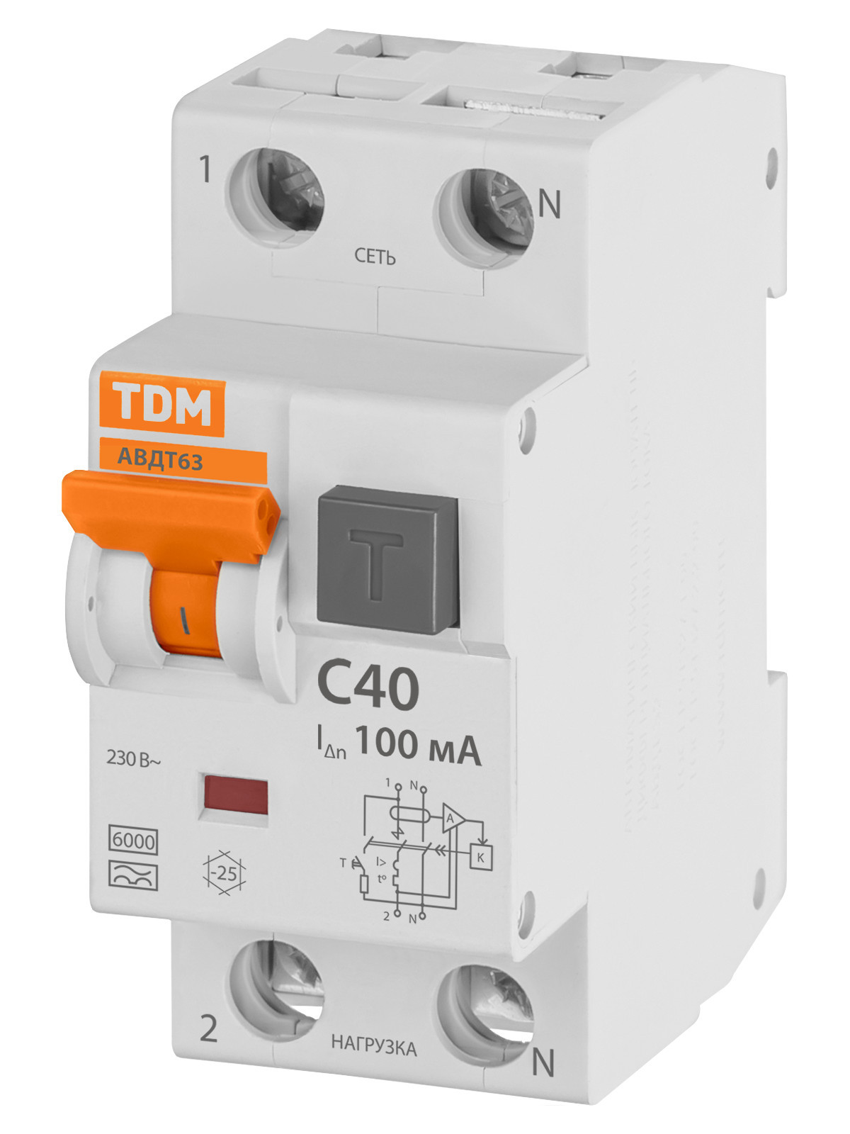 АВДТ 63 2Р(1Р+N) C40 100мА 6кА тип А TDM SQ0202-0008 — изображение 2