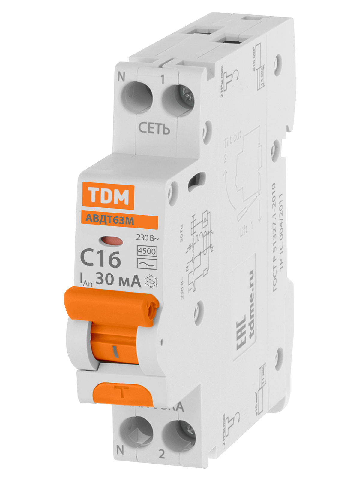 АВДТ 63М 2P(1P+N) C16 30мА 4,5кА тип АС TDM SQ0202-0060 — изображение 2