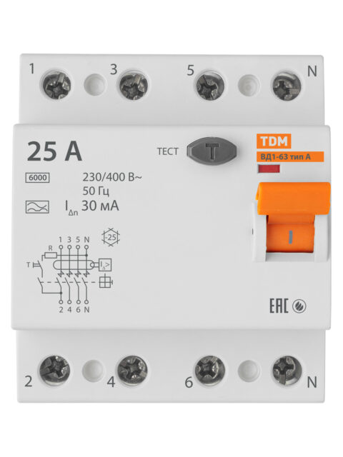 УЗО ВД1-63 4Р 25А 30мА тип А TDM SQ0203-0085