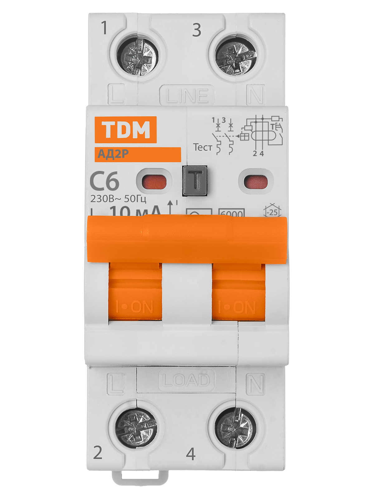 Дифавтомат АД2P 2Р С6 10мА 6кА тип АС TDM SQ0204-0601 — изображение 3