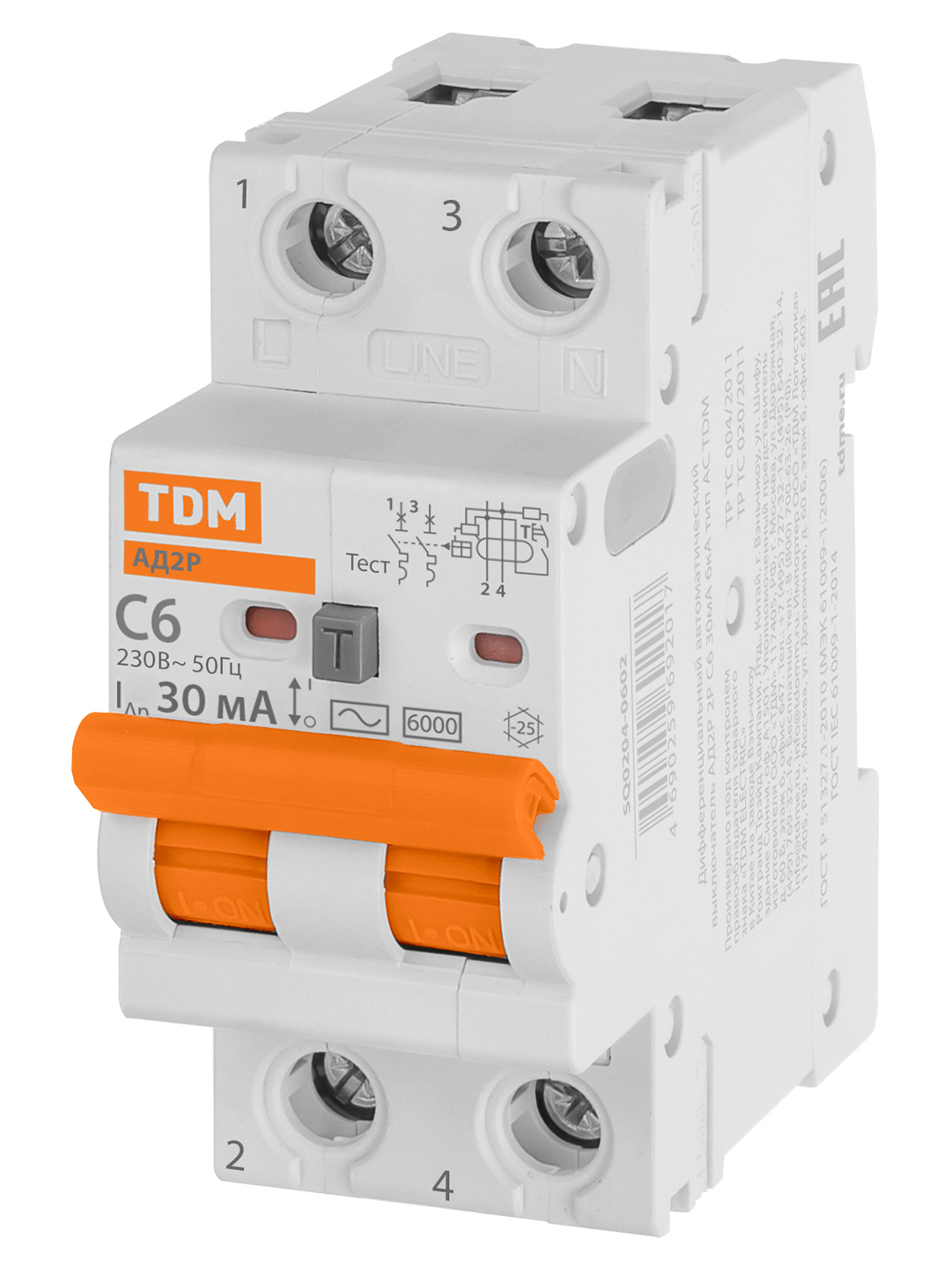Дифавтомат АД2P 2Р С6 30мА 6кА тип АС TDM SQ0204-0602 — изображение 2