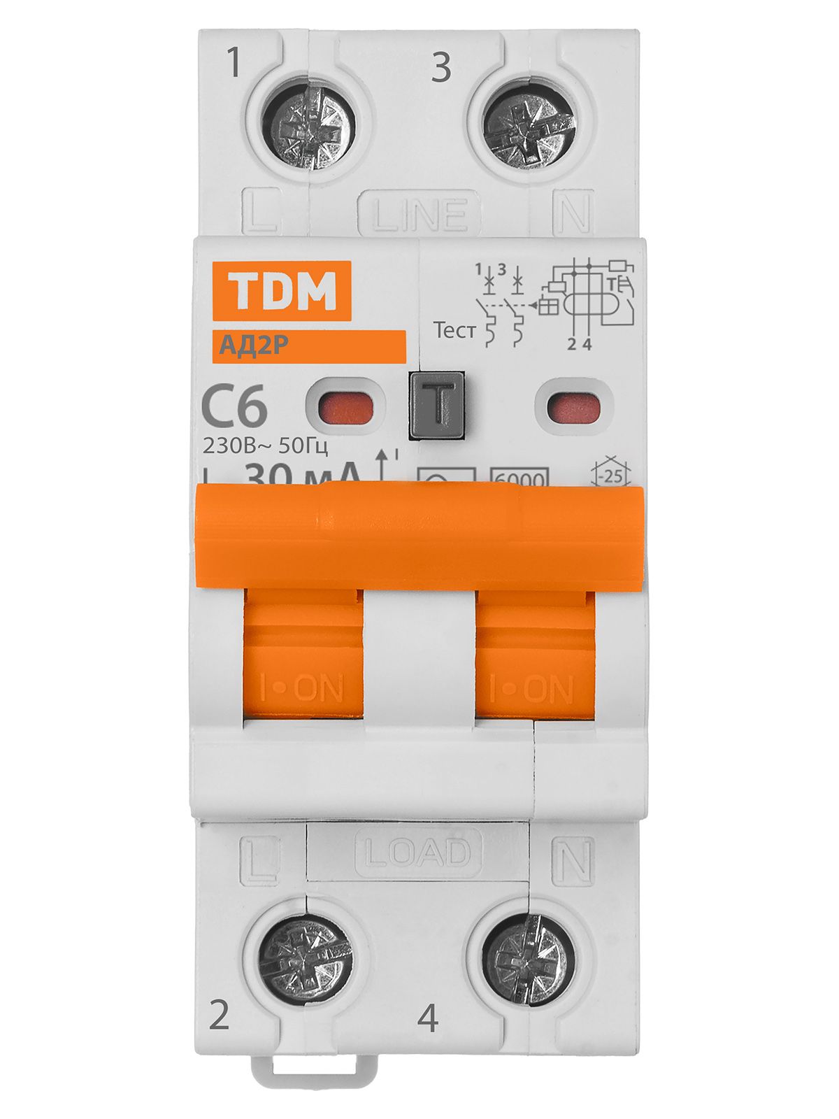 Дифавтомат АД2P 2Р С6 30мА 6кА тип АС TDM SQ0204-0602 — изображение 3