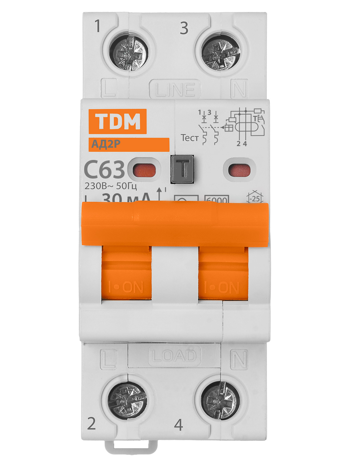 Дифавтомат АД2P 2Р С63 30мА 6кА тип АС TDM SQ0204-0624 — изображение 3