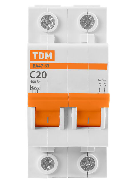 Автоматический выключатель ВА47-63 2Р 20А 4,5кА х-ка С TDM SQ0218-0027