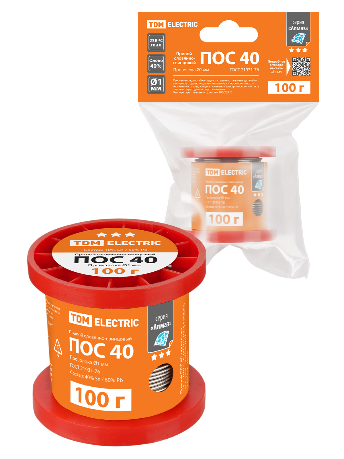 Припой ПОС 40, проволока, ГОСТ 21931-76, Ø1 мм, 100 г, катушка, инд. упак., Алмаз TDM SQ1025-1809 — изображение 2