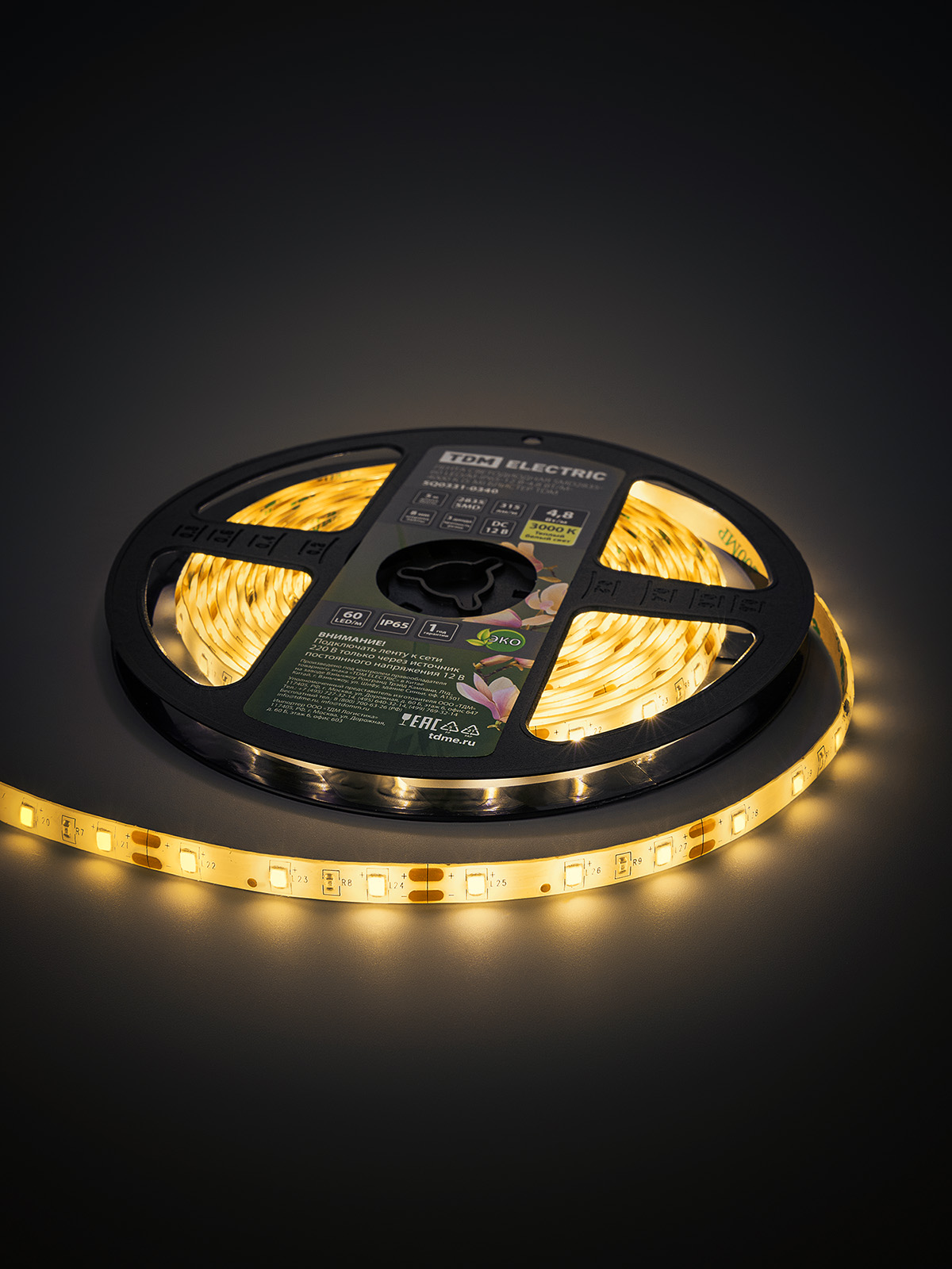 Лента светодиодная SMD2835-60 LED/м-IP65-12 В-4,8 Вт/м-3000 К (5 м) блистер TDM SQ0331-0340 — изображение 3