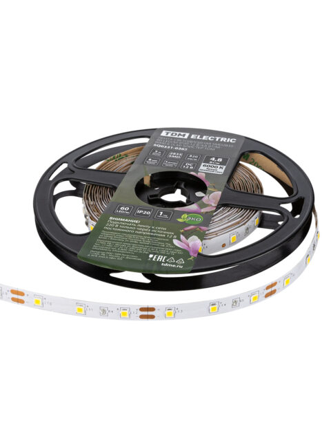 Лента светодиодная SMD2835-60 LED/м-IP20-12 В-4,8 Вт/м-6000 К (5 м) блистер TDM SQ0331-0365